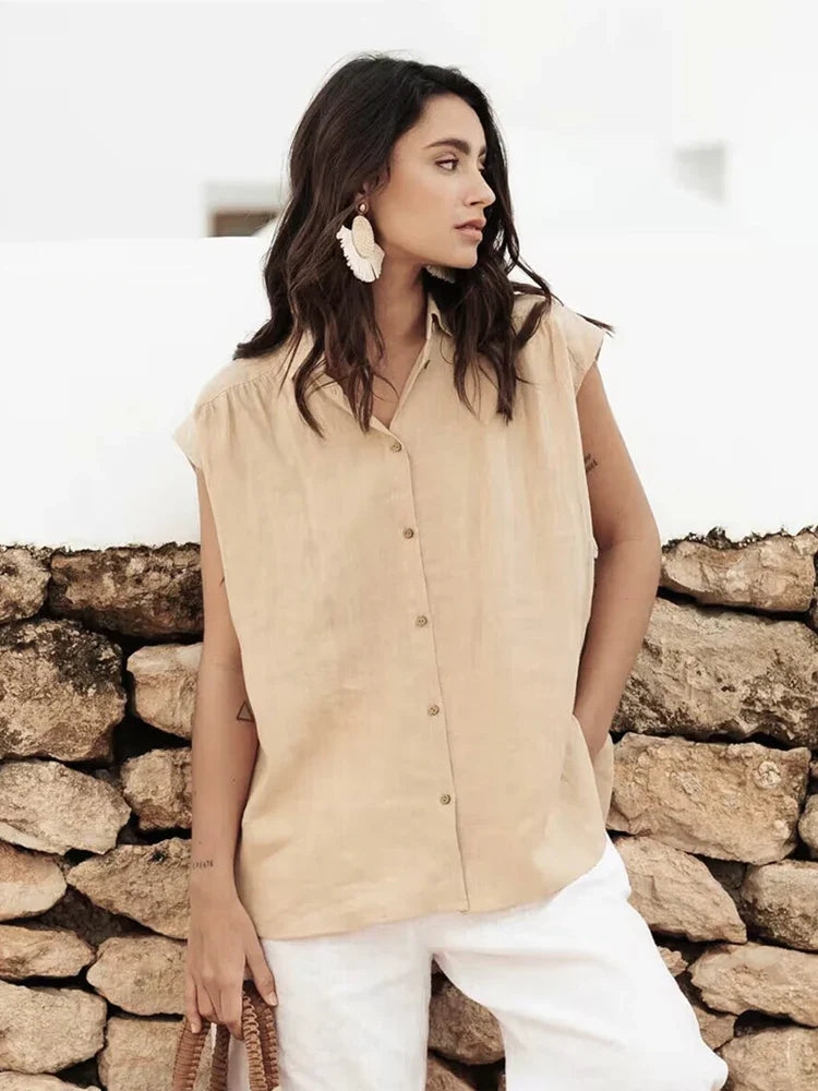 Women's Textured Button-Up Shirt with Cap Sleeves for Women