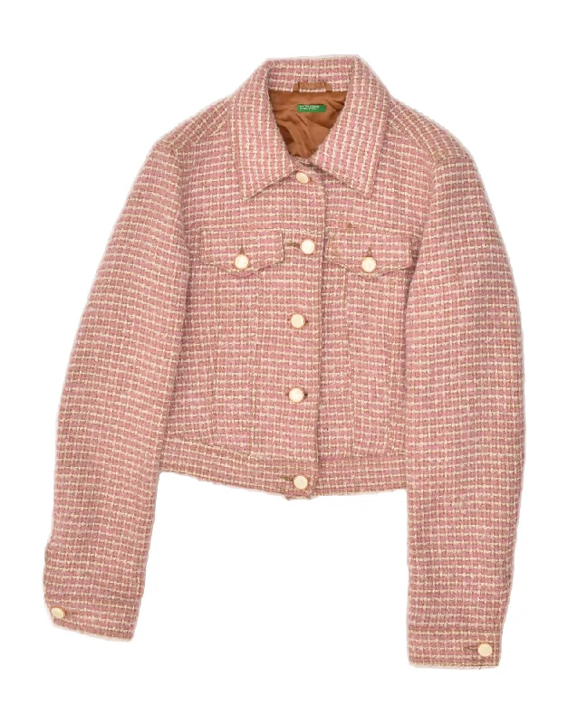 BENETTON Womens Bomber Jacket IT 44 Medium Pink Houndstooth Acrylic