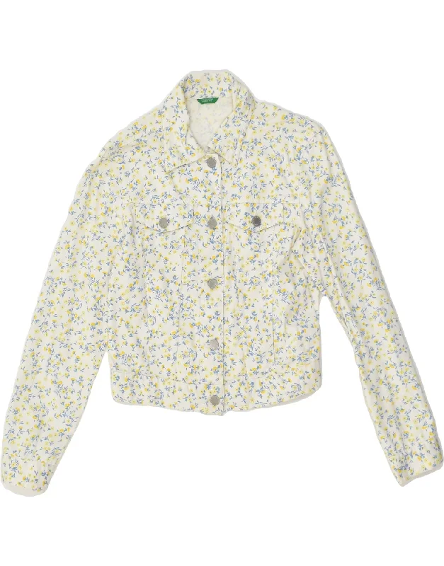 BENETTON Womens Bomber Jacket UK 10 Small White Floral Cotton