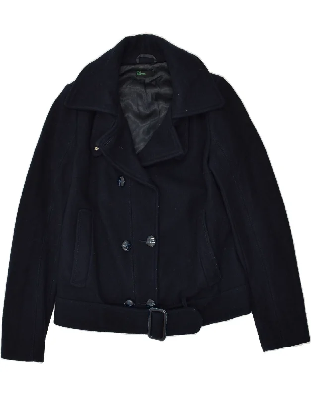 BENETTON Womens Double Breasted Jacket IT 40 Small Navy Blue Wool