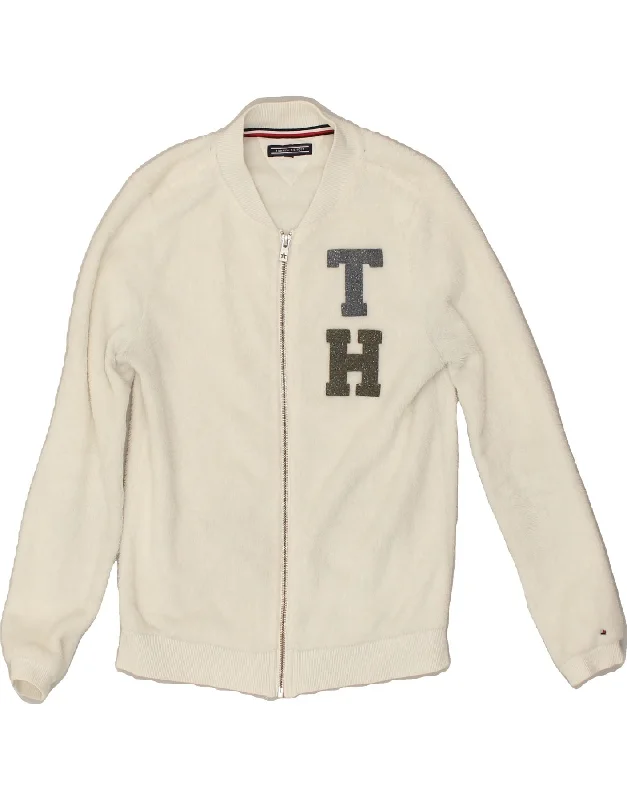 TOMMY HILFIGER Womens Graphic Fleece Jacket UK 10 Small White