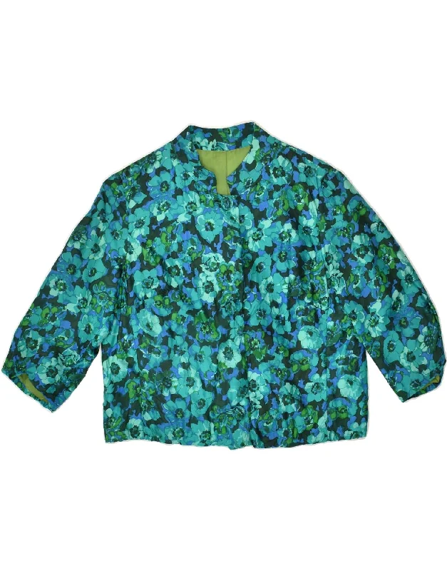 VINTAGE Womens 3/4 Sleeve Bomber Jacket UK 10 Small Blue Floral