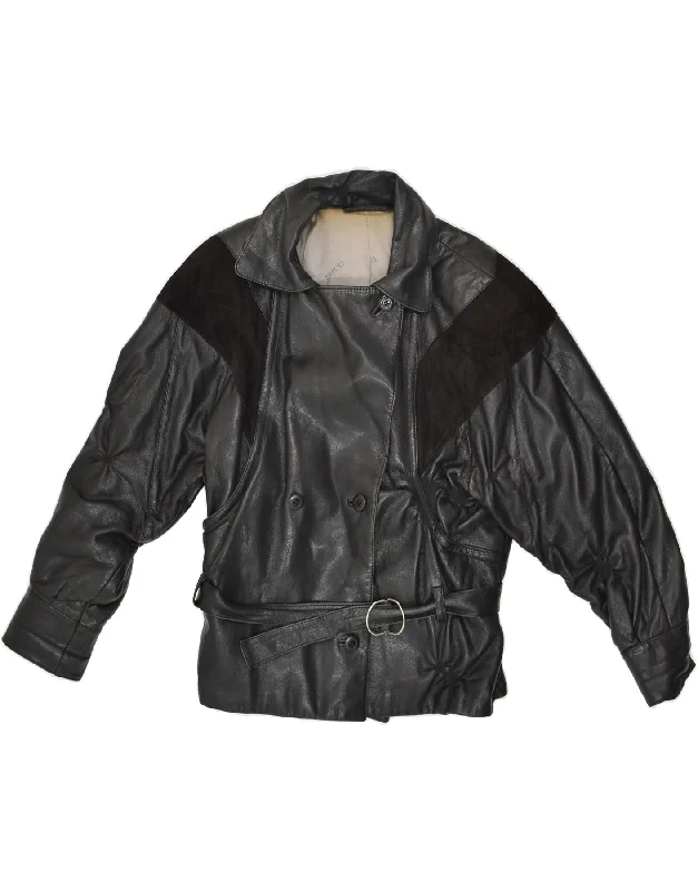 VINTAGE Womens Double Breasted Leather Jacket IT 44 Medium Black