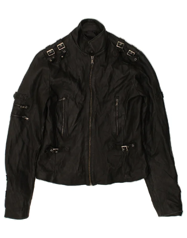 VINTAGE Womens Leather Racer Jacket IT 40 Small Black Leather