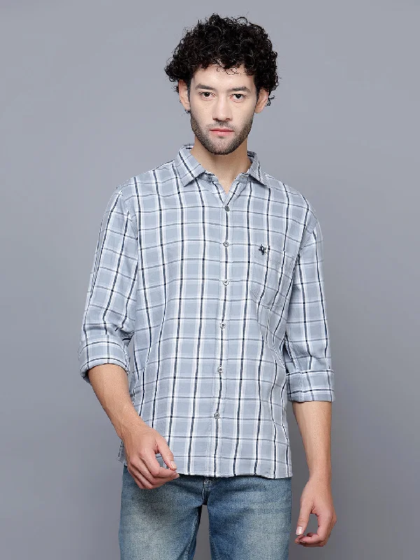 Men's Light Grey Casual Medium Checks Full Sleeve Shirt