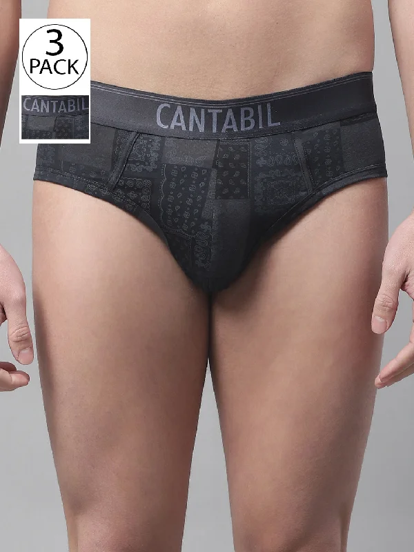 Men's Black Grey Motif Print Fashion Brief - 3's Pack