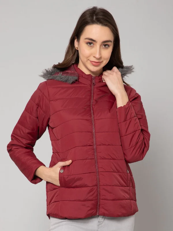 Women's Casual  Maroon Quilted Detachable Hood with Faux Fur trim Jacket