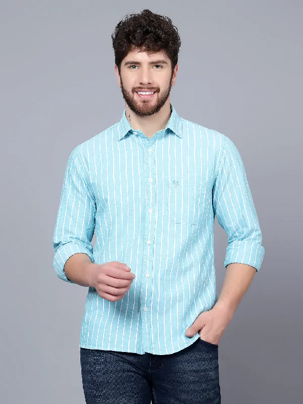 Men's Aqua Green Casual Thin Stripe Full Sleeve Shirt