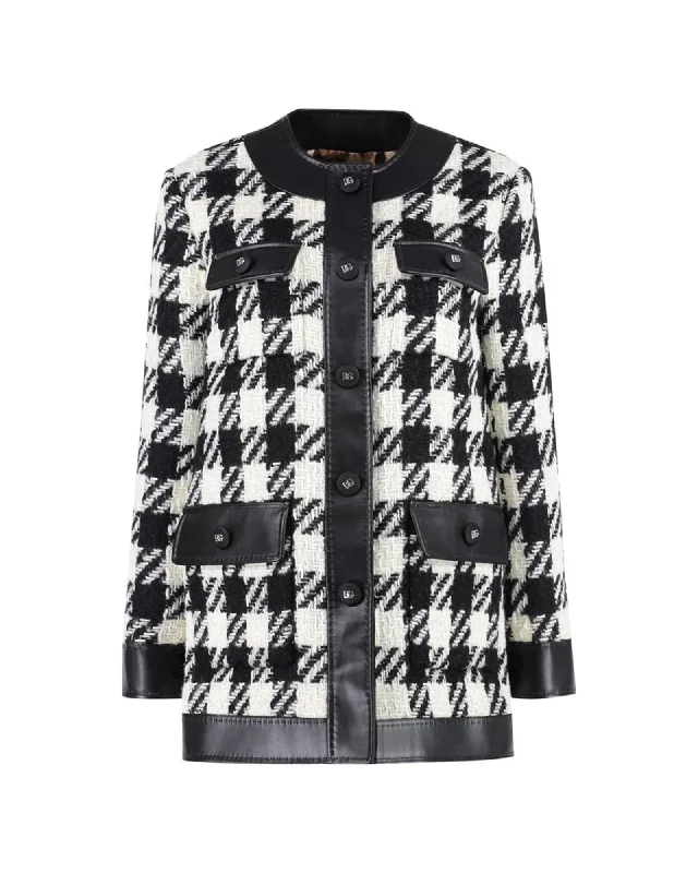 Dolce & Gabbana Wool Houndstooth Coat Jacket with Calfskin Leather Details