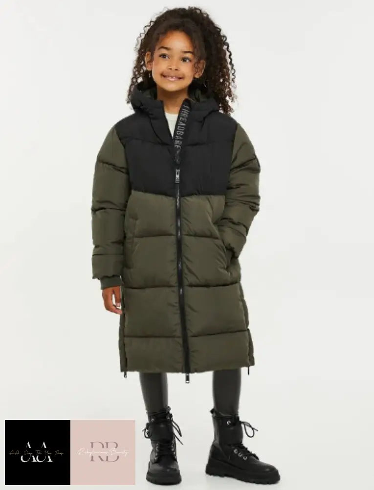 KIDS UNISEX KHAKI COLOURBLOCK LONGLINE PUFFER JACKET/COAT (5-12 YEARS)