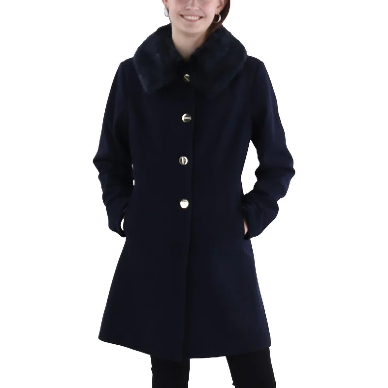 Laundry by Shelli Segal Womens Faux Fur Trim Long Wool Coat