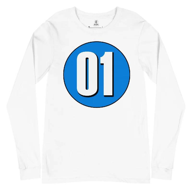 Unisex Long Sleeve Tee: White on Blue 01