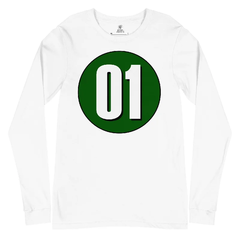 Unisex Long Sleeve Tee: White on Hunter Green 01