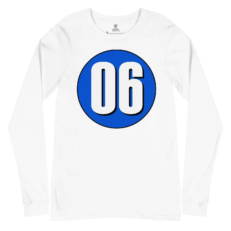 Unisex Long Sleeve Tee: White on Periwinkle 06