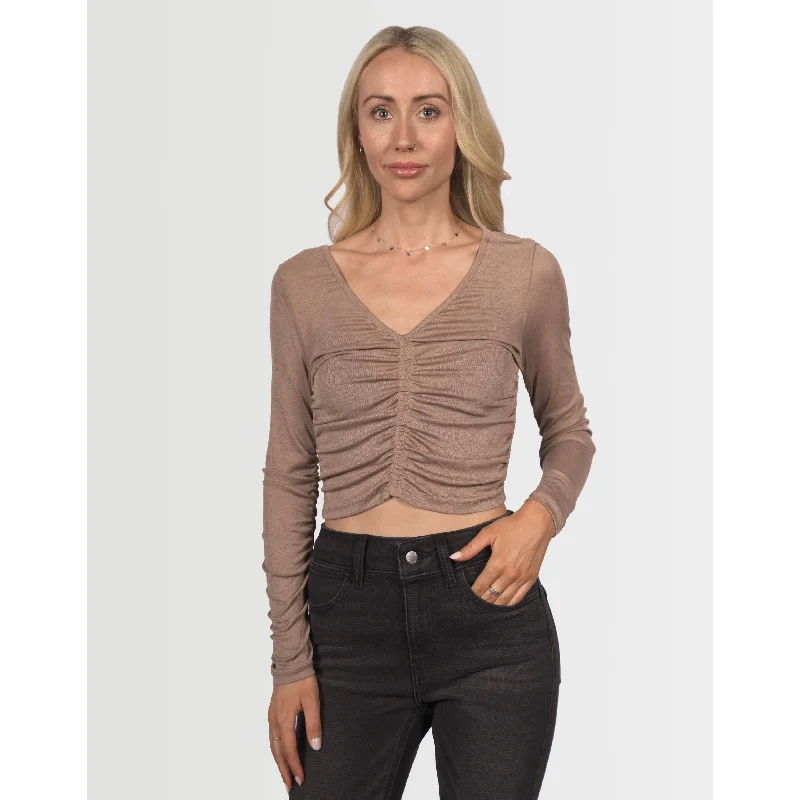 Topshop Women's Ruched Long Sleeve V-Neck Top - Mink Taupe