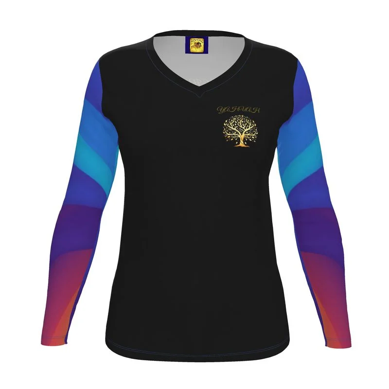 Yahuah-Tree of Life 01 Royal Ladies Designer Long Sleeve V-neck Jersey T-shirt